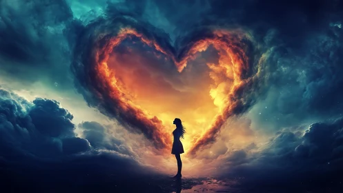 Silhouetted Figure Observing Flaming Cardiac Geometry Formation.