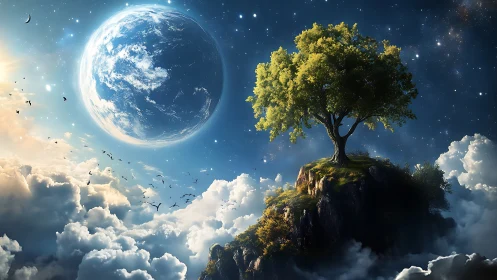Lonely sky island tree quietly watches a glowing blue planet