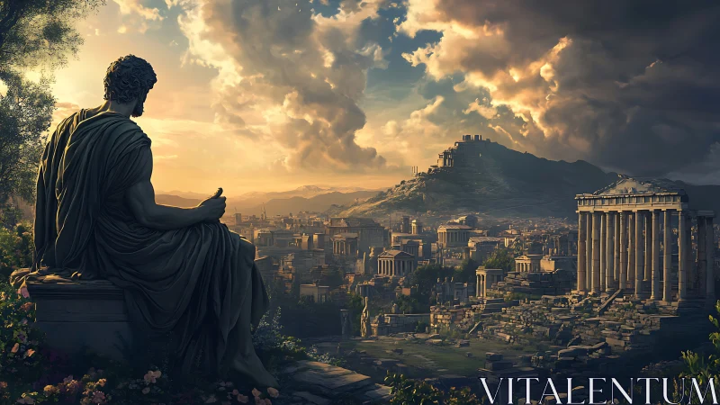 Twilight settles over ancient ruins as a lone statue watches