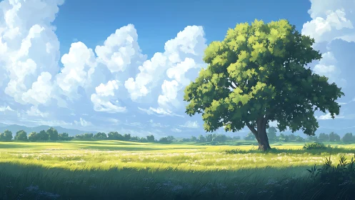 Solitary summer oak converses softly with roaming clouds