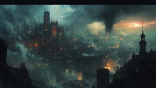Brooding fantasy city glowing through storm and distant fires.