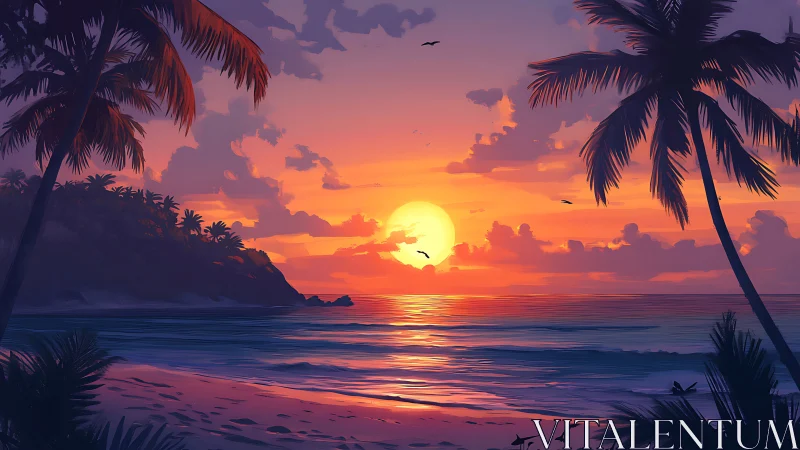 Tropical coastline sunset rendered in saturated digital gradients
