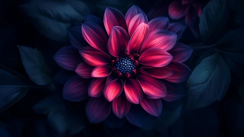 Luminous magenta dahlia glows softly against midnight foliage