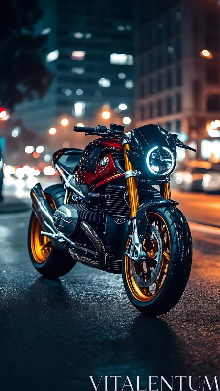 Photorealistic urban motorcycle portrait with neon bokeh focus.