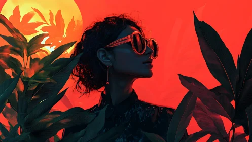 Neon-lit profile portrait with tropical leaves and red sun.