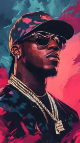 Stylized portrait of man in cap, sunglasses, and jewelry.