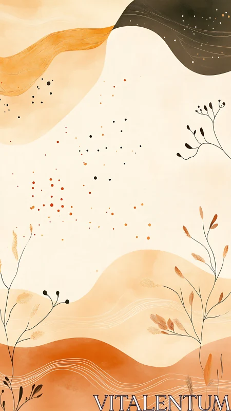 Organic dunes and stems in warm abstract minimal landscape.