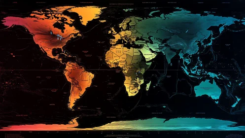 Chromatic world map with layered political and topographic structure.
