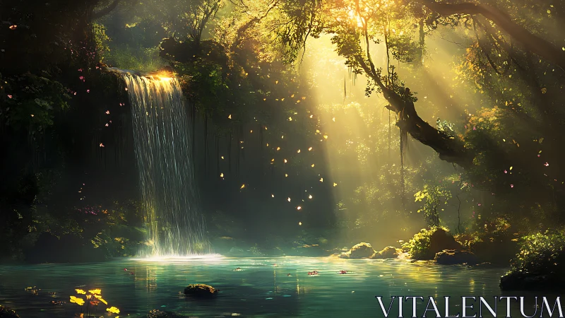 Sunlit forest waterfall over turquoise pool in misty glade.