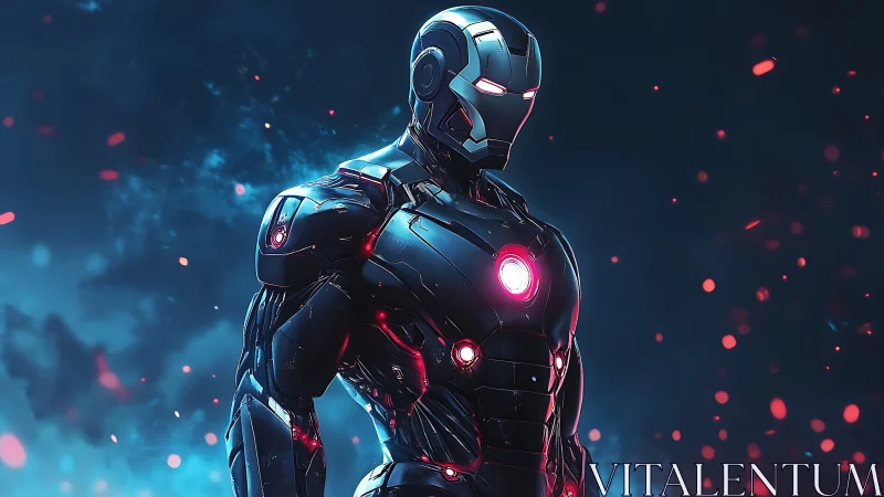 Armored cybernetic hero amid glowing embers at night.