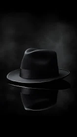 Black fedora hat on glossy reflective surface in smoke.
