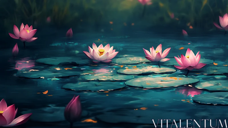 Moonlit lotus pond glows with teal water and pink petals.