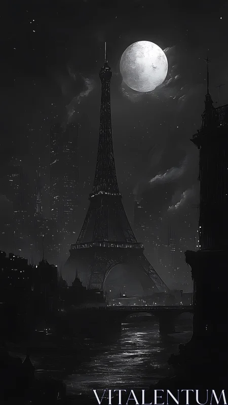 Moonlit Eiffel tower dreaming over midnight river Paris.