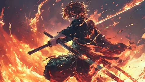 Flame-wreathed dual katana warrior in dynamic angular rotation.