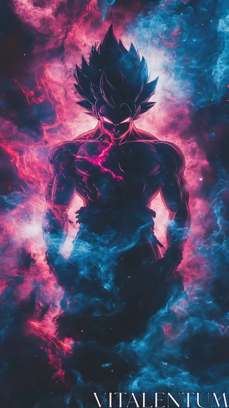 Cosmic warrior ignites within neon storm of electric starlight.