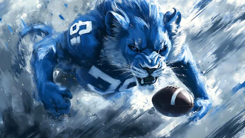 Blue lion ball-carrier rendered in dynamic, high-energy brushwork