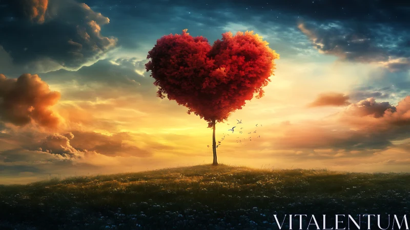 Heart-Shaped Tree Blooms Against Celestial Canvas.