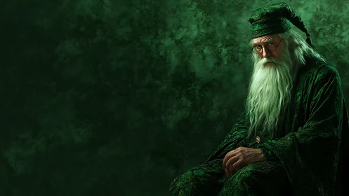 Elderly wizard in emerald robes under low key directional lighting