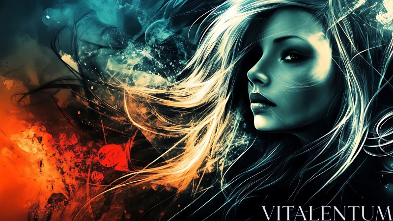 Digital female portrait integrates dynamic bicolor abstractions