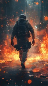 Armored soldier advances through corridor of scattered flames