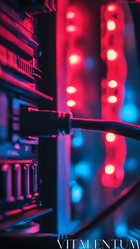 Neon lit computer cables glowing in cozy server light.