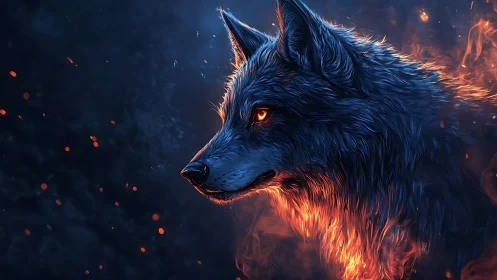 Side profile of wolf rendered in blue light and orange fire.