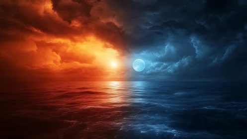 Ocean horizon divides fiery sunset and cool moonlit sky