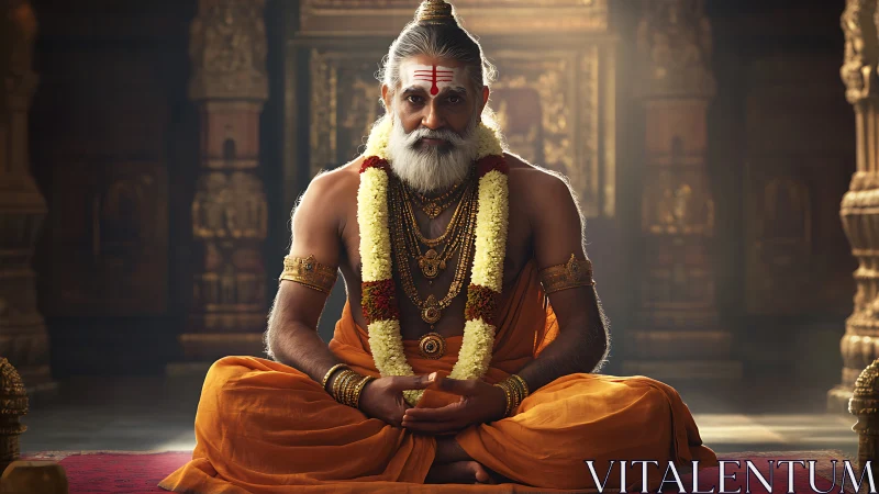 Elderly Hindu guru in meditative pose under cinematic temple light