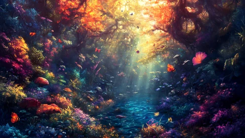 Luminescent forest ravine channels spectral light through dense canopy