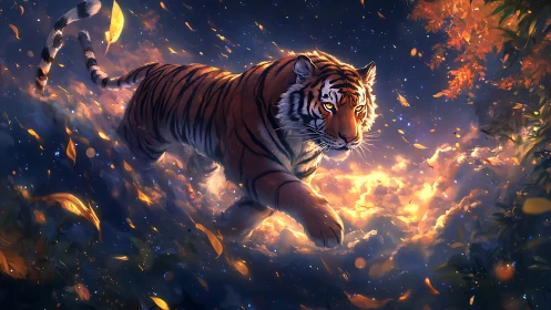 Majestic tiger strides through glowing celestial clouds