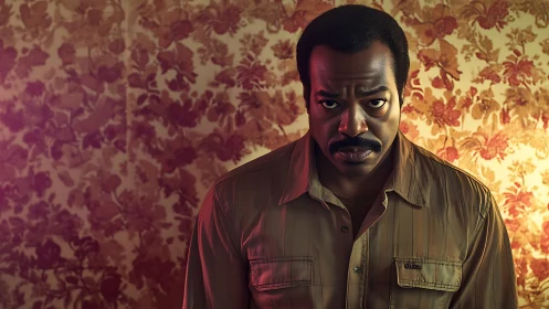 Intense man in retro shirt before floral wallpaper glow.