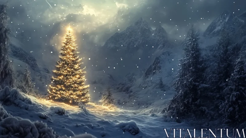 Luminous Christmas tree glows in silent snowy mountain valley.