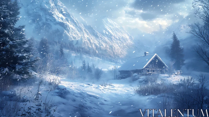 Isolated timber cabin in blue-toned alpine winter blizzard