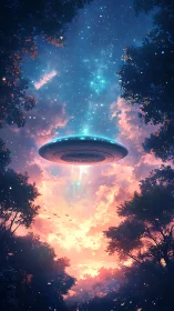 Starlit forest welcomes a glowing UFO at dreamy twilight.
