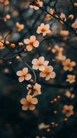 Delicate peach blossoms bloom against moody dark foliage