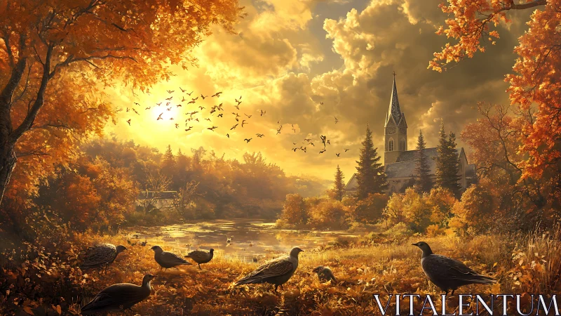 Autumn river landscape with church, trees and ground birds.