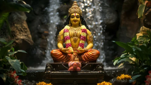 Golden Hindu goddess statue sits before cascading waterfall