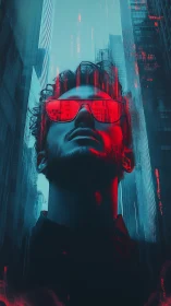 Stylized man in red glasses stands in neon city canyon