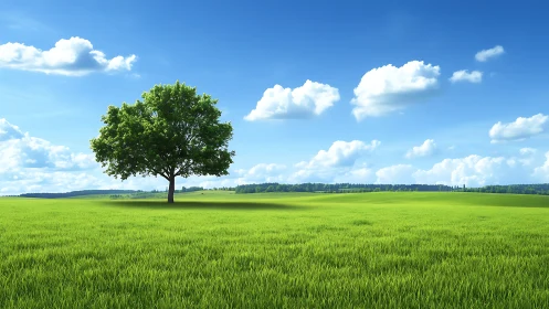 Single green tree in wide open grassy field under sky.
