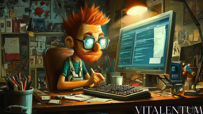 Digital painting portrays quirky programmer at cluttered desk.