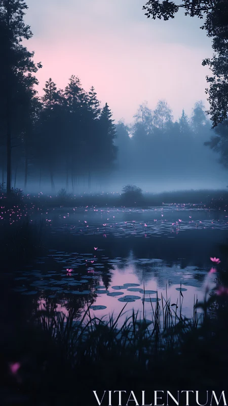 Twilight lilies glow softly across a misty forest pond