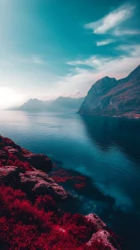 Crimson shoreline meets teal mountains in surreal calm.