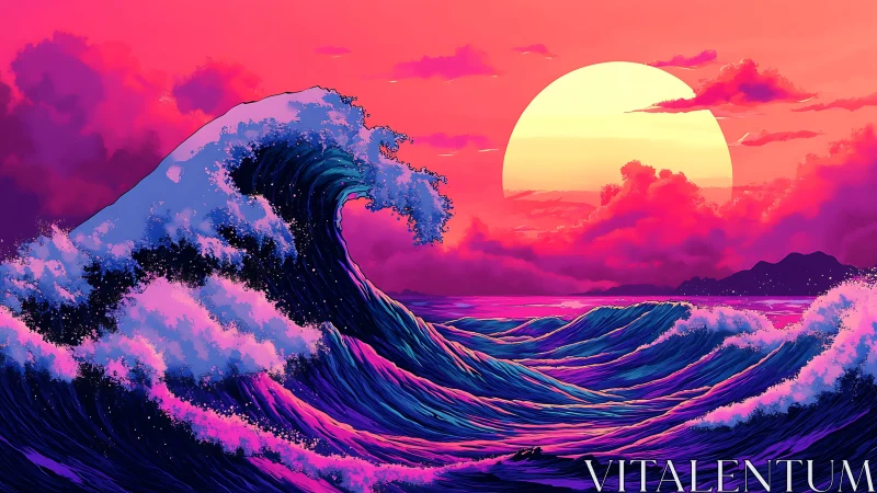 Digital seascape with stylized wave and large setting sun.