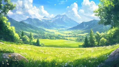 Sunlit alpine meadow opens toward distant blue mountains.