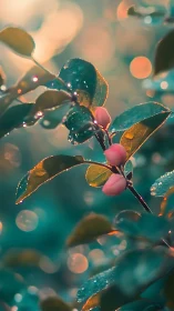 Morning light kisses soft pink berries and sparkling leaves