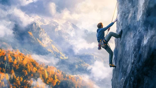 Rock climber scaling sheer cliff above misty autumn valley.