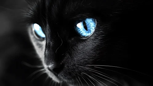 Luminous Midnight: Black Cat's Electric Sapphire Gaze.