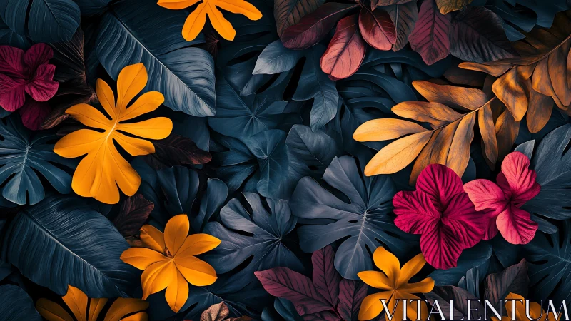 Tropical foliage pattern with teal leaves and vivid florals.