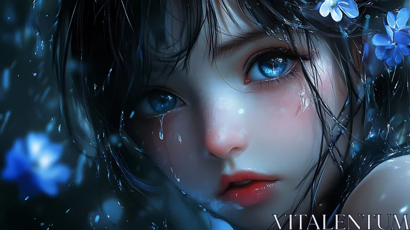 Teal eyed girl gazes through rain in luminous sorrow