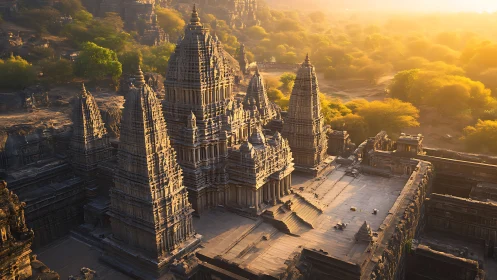 Ancient stone temple complex in golden sunset light view.